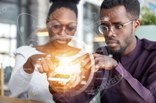 Preview: Visual Effects And Worldwide Connection Interface. Serious African Couple Or Colleagues Use