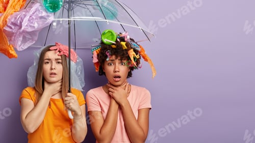 Preview: Unhappy Two Diverse Women Volunteers Activists Suffer From Suffocation, Smell Stinky Trash, Stand