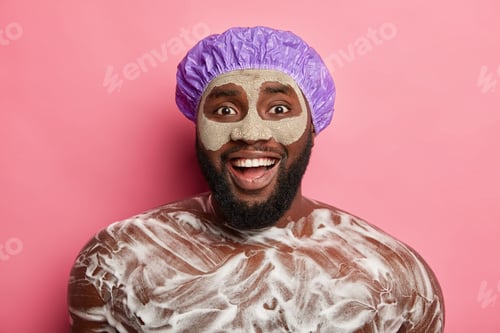 Preview: Positive Naked Gentleman Wears Facial Mask, Has Foam On Body, Enjoys Taking Shower And Relaxation