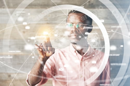 Preview: Portrait Of African Man In Glasses, Using Digital Device, Pointing At Icons On Futuristic Screen
