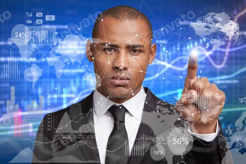 Preview: Serious Prosperous Dark Skinned Businessman Dressed In Formal Black Suit, Touches Virtual Panel
