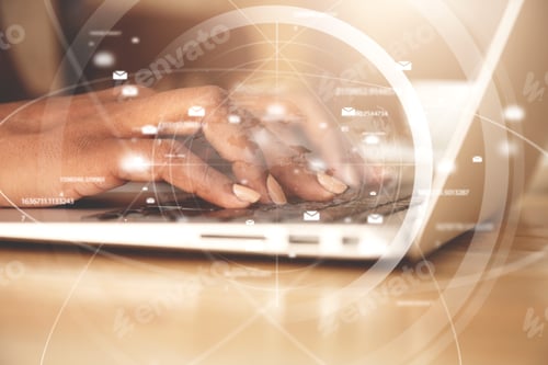 Preview: Worldwide Connection Interface. Double Exposure Of African American Businesswoman Typing A Message