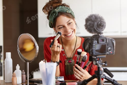 Preview: Social Media, Networking, Advertisment And Beauty Concept. Smiling Female Looks At Camera Fixed At