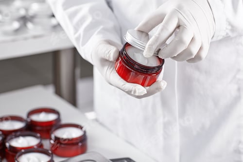 Preview: Factory Worker In White Gown And Gloves Holding Red Container With Skin Care Product Touching It