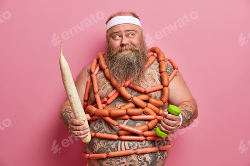 Preview: Obesity And Proper Nutrition Concept. Overweight Bearded Man With Naked Tattooed Body, Holds Big