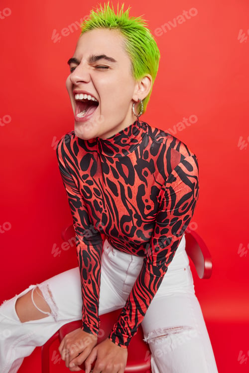 Preview: Overjoyed Hipster Girl With Green Hairstyle Has Unusual Appearance Spends Free Time With Friends Of