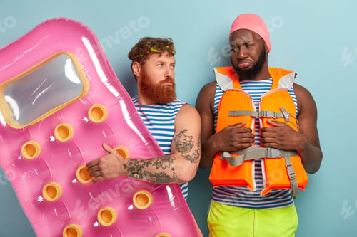 Preview: Offended Dissatisfied Multiethnic Men Look Negatively At Each Other, Foxy Bearded Male Swimmer