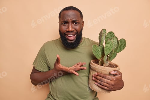 Preview: Man Holding Potted Cactus Plant with Expression