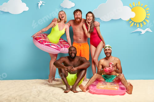 Preview: Glad Diverse Friends Spend Summer Vacation Together, Embrace And Stand At Beach With Inflated