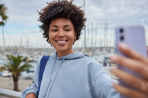 Preview: Young Female Tourist Enjoys Free Time For Promenade In Harbor Recreats Before Voyage Trip From Dock