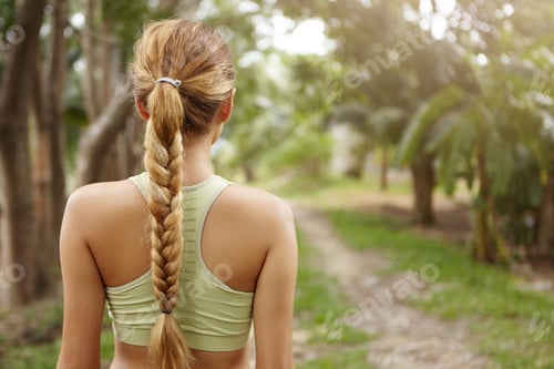 Preview: People, Sports, Nature And Fitness. Close Up Rear View Of Young Blonde Woman Runner With Long Braid