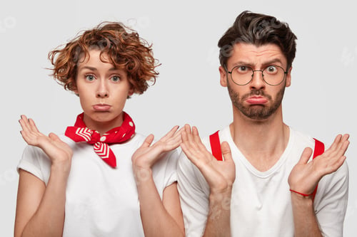 Preview: Photo Of Hesitant Colleagues, Shrug Shoulders, Frown Faces And Pout Lips, Feel Embarrassed While