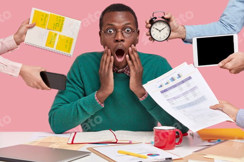 Preview: Photo Of Fearful Dark Skinned Young Guy Opens Mouth Widely, Wears Green Sweater, Afraids Of