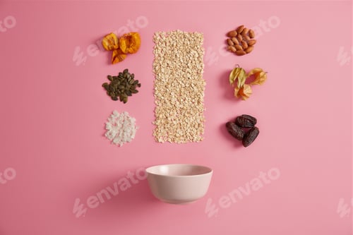 Preview: Ingredients For Cooking Healthy Breakfast. Oatmeal, Dried Apricot, Physalis, Dates, Pumpkin Seeds