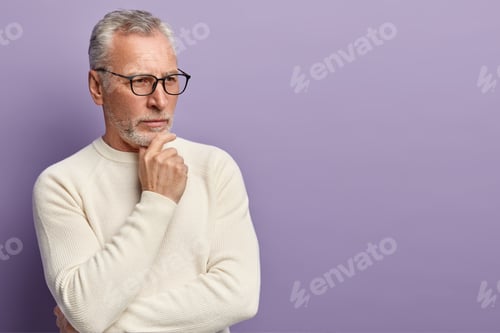 Preview: Pensive Pensioner Holds Chin, Being Deep In Thoughts, Tries Find Right Solution, Wears Optical