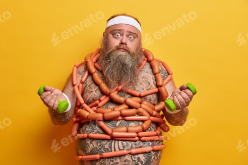Preview: Problem Of Obesity. Shocked Tired Man With Big Tummy And Thick Beard, Gets Lots Of Energy From