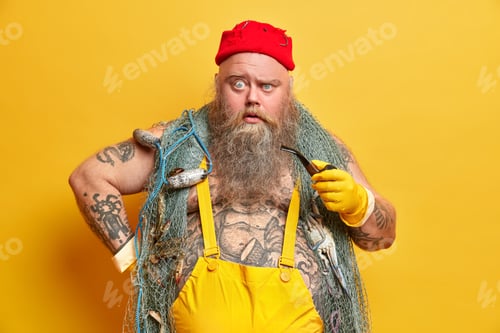 Man Wearing Fishing Net and Overalls with Pipe