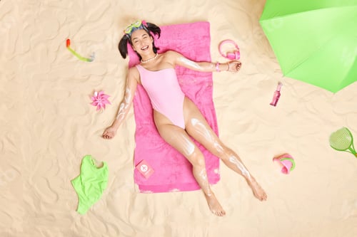 Preview: Carefree Smiling Asian Teenage Girl With Perfect Figure Wears Sunbathing Suit Poses On Soft Pink