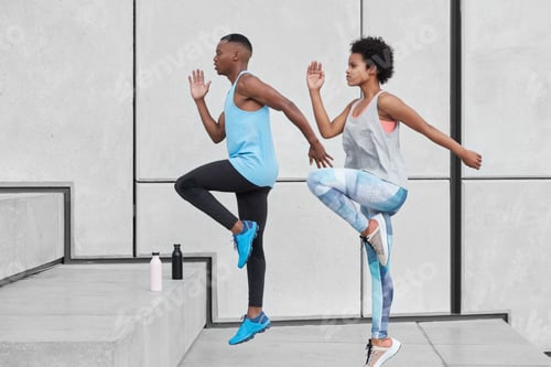 Preview: Hard Sport Concept. Motion Shot Of Two Black Female And Male Run Up Steps, Demonstrate Good Ability