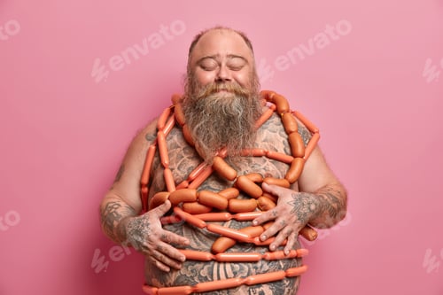 Preview: Obese Overweight Man Has Unhealthy Nutrition, Bad Habits, Wrapped With Sausages, Has Diet Failure