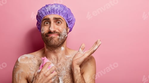 Preview: Naked Young Man With Wet Body And Foam, Rubs Himself With Sponge, Takes Shower, Wears Bath Cap, Has