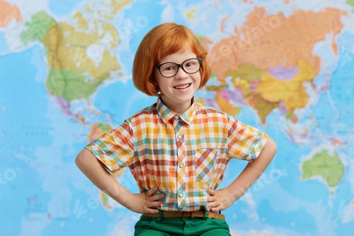 Preview: Photo Of Smiling Boy With Ginger Hair, Wearing Glasses, Keeping Hands On Waist, Having Joy While