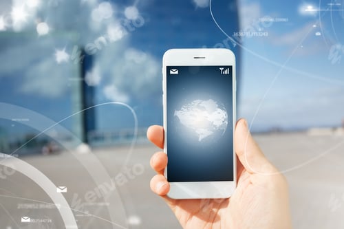 Preview: Double Exposure. Visual Effects. Cropped Shot Of A Hand Holding Smart Phone With Worldwide