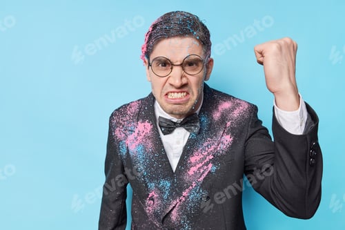 Preview: Outraged Birthday Man Clenches Teeth And Fist Expresses Negative Emotions Feels Irritated Frowns