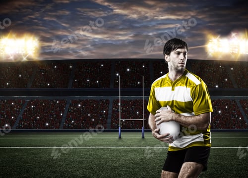 Preview: Rugby Player In A Yellow Uniform On A Stadium.