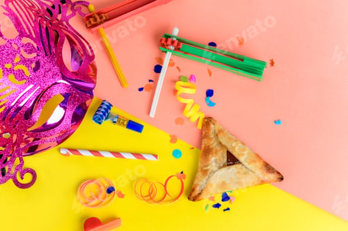 Preview: Top View Of Purim Background With Carnival Mask, Party Costume And Hamantaschen Cookies. Purim