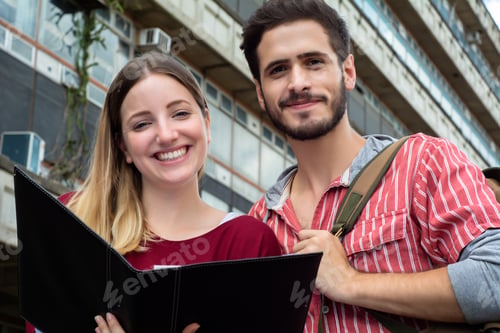 Preview: Portrait Of Two University Students Studying Together At The Building Of University. Education