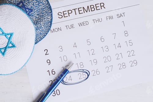 Preview: September Calendar With Kippah. Rosh Hashana, Yom Kippur And Sukkot. Jewish Festivities Concept.