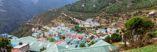 Preview: Namche Bazaar Village On The Way To Everest Base. Nepal. Asia. Web Banner In Panoramic View