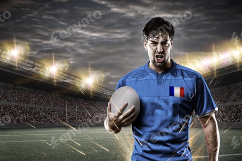 Preview: French Rugby Player, Wearing A Blue Uniform In A Stadium.
