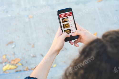 Preview: Close Up Woman With Smartphone Ordering Take Away Food Online. Delivery Concept. All Screen