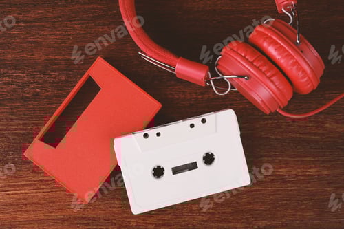 Preview: Top View Of Vintage Headphones And Audio Cassette On Wooden Table. Retro Technology Concept