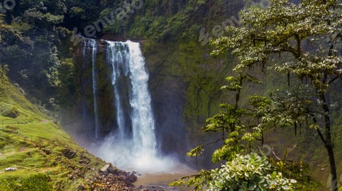 Preview: Beautiful Aerial View Of Big Waterfall In Costa Rica Inside The Mountains