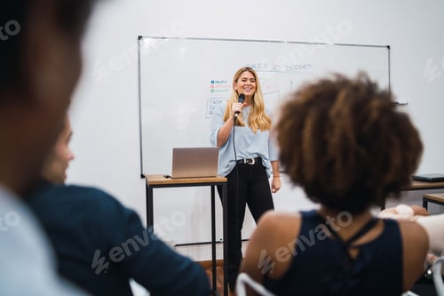 Preview: Friendly Business Woman Explaining Plan Of Work And Answering Questions On A Work Conference