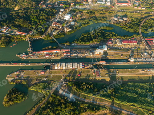 Preview: Beautiful Aerial View Of The Panama Channel Miraflores Locks At The Sunset