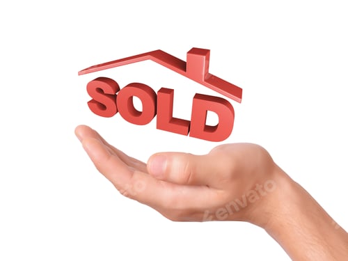 Preview: Image Of Hand Holding Red Sold House. Sale Concept Isolated On White Background