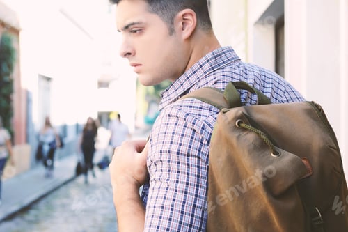 Preview: Young Male Student With His Bag Outdoors.