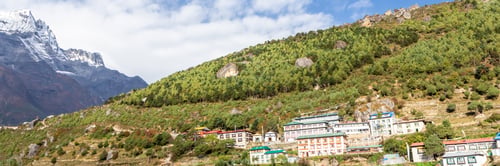 Preview: Namche Bazaar Village On The Way To Everest Base. Nepal. Asia. Web Banner In Panoramic View