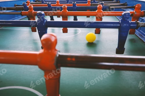 Preview: Foosball. Soccer Table Game, Blue Foosball Player. Toy Sport Game Concept.