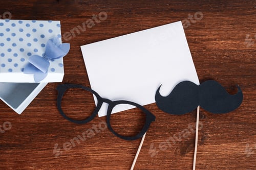 Preview: Photo Booth Mustache With Space For Your Text On Wooden Background. Father Day