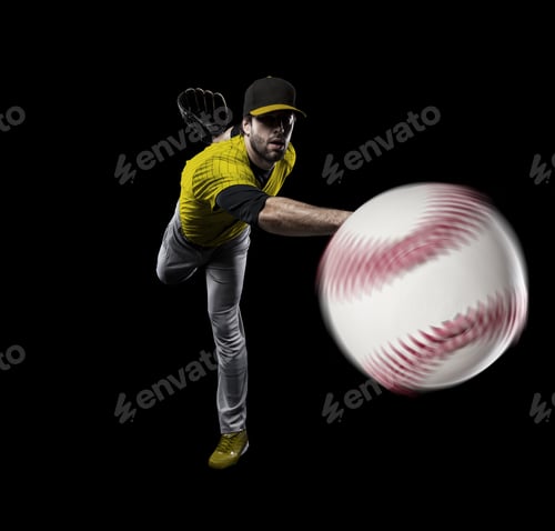 Preview: Pitcher Baseball Player With A Yellow Uniform On A Black Background.