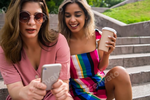 Preview: Two Friends Using Mobile Phone Outdoors.