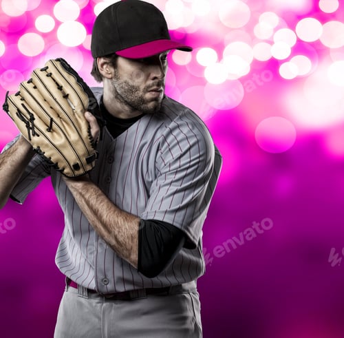 Preview: Baseball Player On A Pink Uniform On Pink Lights Background.