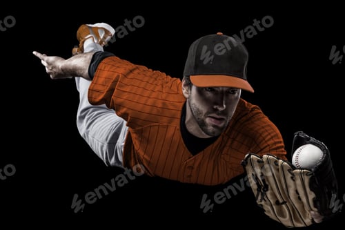 Preview: Baseball Player With A Orange Uniform On A Black Background.