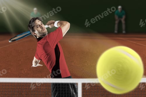 Preview: Tennis Player With A Red Shirt, Playing On A Clay Tennis Court.