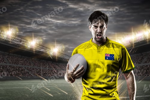 Preview: Australian Rugby Player, Wearing A Yellow Uniform In A Stadium.